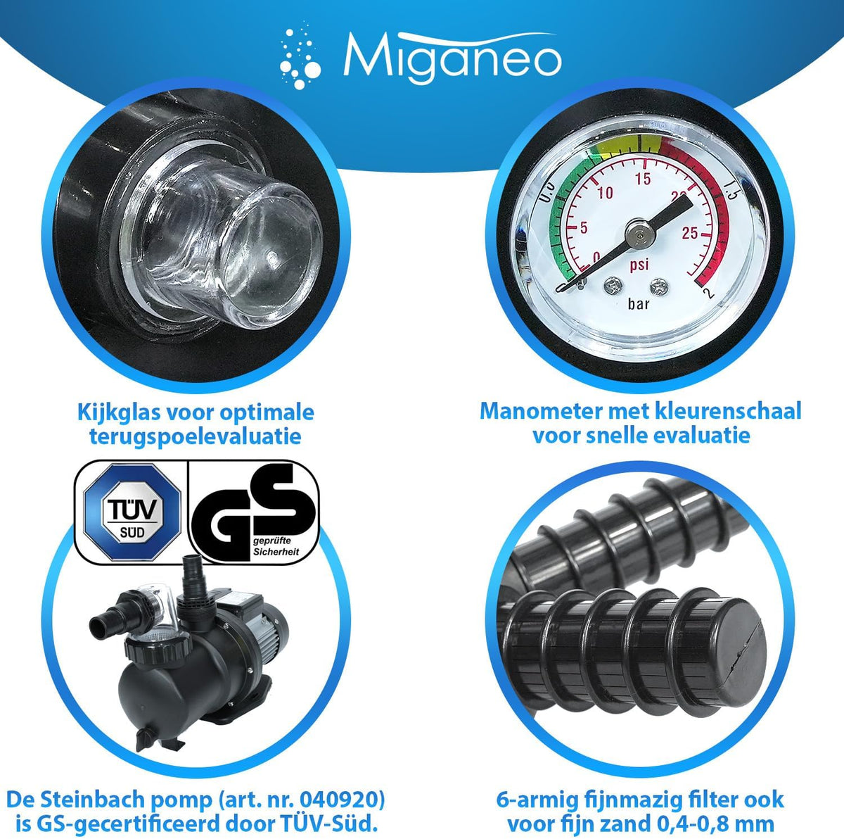 Miganeo Dynamic 10000 Pro zandfilter, zwart, 10.000 l/u, filtersysteem voor zwembaden, ketel 370 mm, zelfzuigmond