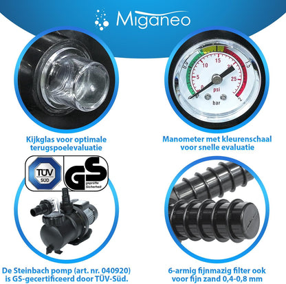 Miganeo Dynamic 10000 Pro zandfilter, zwart, 10.000 l/u, filtersysteem voor zwembaden, ketel 370 mm, zelfzuigmond