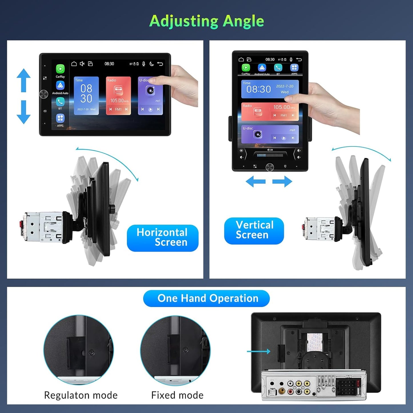 Autoradio 1 DIN met Carplay Android Auto bekabeld, 10,4 inch handmatig draaibaar touchscreen autoradio Bluetooth FM-radio, spiegel link, 2 USB, achteruitrijcamera