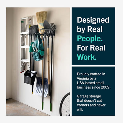 StoreYourBoard Wandrek met 4 garagehaken - zware stalen houder voor garage- en tuinopslag voor schuur, werkplaats of thuisorganisatie - voor harken, schoppen, gereedschap en meer - 2 stuks, zwart