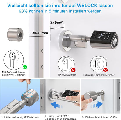 WELOCK ToucA51 Deurslot, vingerafdruk, pascode, vingerafdrukslot, voor huisdeur, met RFID-kaart-app, elektronische cijfercode, deurslot, verstelbare sluitcilinder voor 30-70 mm deur