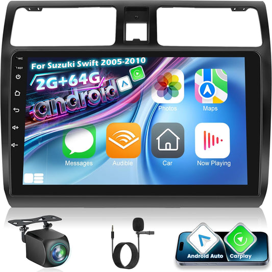 [2G+64G] Android Car Stereo for Suzuki Swift 2005-2010 with Wireless Carplay and Android Auto, 10 inch HD Touch Screen Car Radio with GPS/WiFi/Bluetooth/EQ/FM RDS