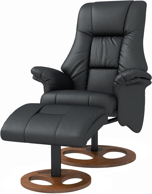 HOMCOM Recliner Chair with Footstool, TV Chair, Upholstered Chair, TV Chair with Reclining Function, 130° Tilting for Living Room, Recreation Room, Black Faux Leather, 77 x 89 x 110 cm. - QUORE