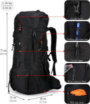 Wandelrugzak - Kampeertas - Trekking rugzak - Camping Essentials Tas - met Regenhoes - 70L - Lichtgewicht - Waterdichte - Nylon - Zwart