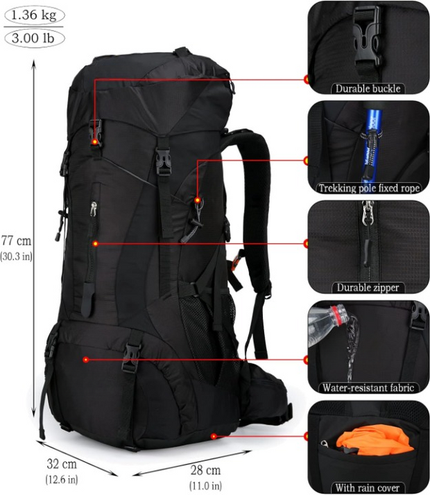 Wandelrugzak - Kampeertas - Trekking rugzak - Camping Essentials Tas - met Regenhoes - 70L - Lichtgewicht - Waterdichte - Nylon - Zwart
