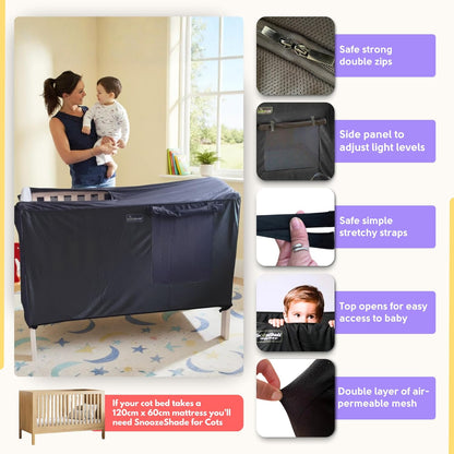 SnoozeShade Voor babybedden, verduisterende luifel en overtrek voor babybedden (voor waarvoor een matras van 140 cm x 70 cm nodig is), luchtdoorlatend netweefsel voor katten en muggennet voor