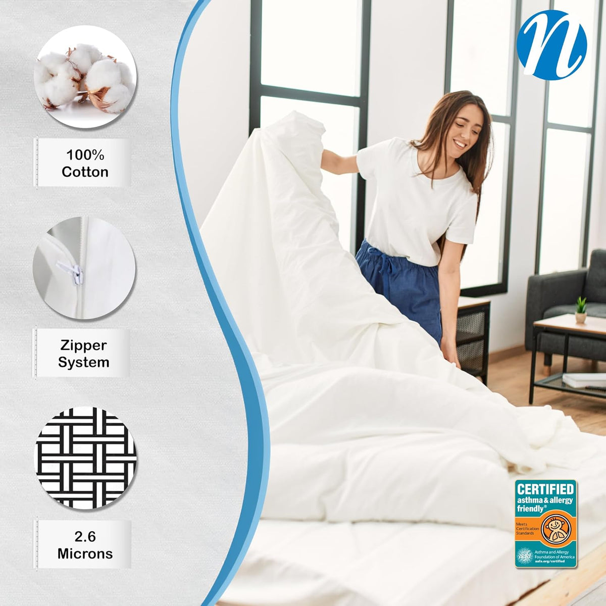 National Allergy Premium 100% katoenen dekbedovertrek beschermer - Jumbo kingsize - 110 "x 96" - wit - ademende 300 draadtelling hypoallergene hoes - met ritssluiting - beddengoed