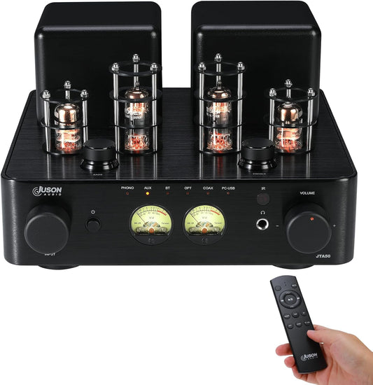 JTA50 2025 130 W buisversterker, hifi-versterker van instapklasse met BT 5.0, afstandsbediening, AUX, coax, phono en USB-ingang, subwoofer-uitgang, 2.1-kanaal voor platenspeler