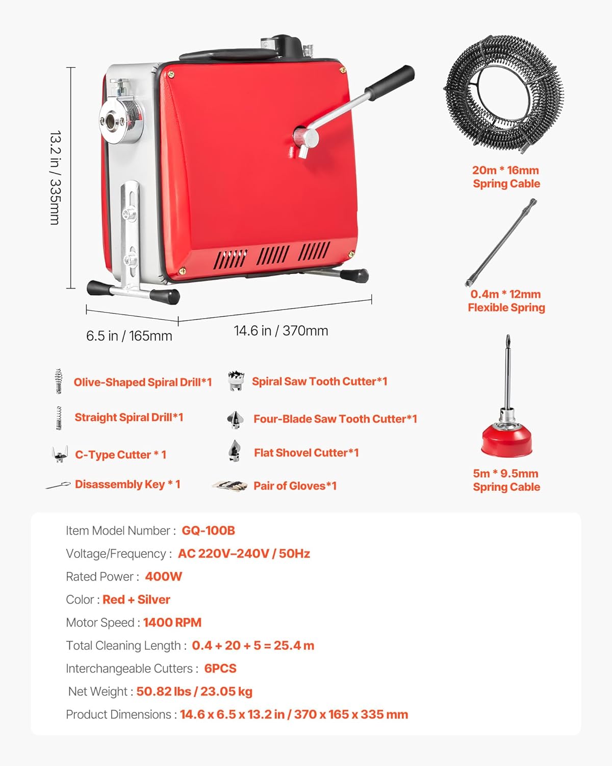 VEVOR Electric Pipe Cleaner for Pipe Drainage with Cable, 400 W, 1400 RPM, Spring Cable Made of Steel, Pipe Cleaner with 6 Cutting Machines, Diameter 50-110 mm