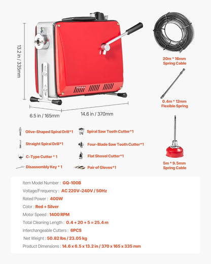 VEVOR Electric Pipe Cleaner for Pipe Drainage with Cable, 400 W, 1400 RPM, Spring Cable Made of Steel, Pipe Cleaner with 6 Cutting Machines, Diameter 50-110 mm