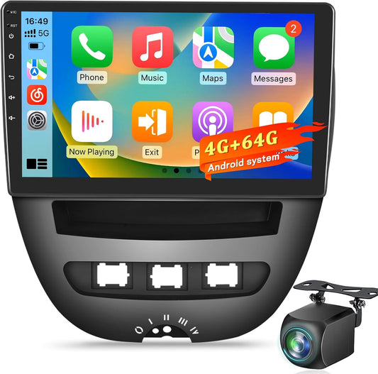 4+64G Android Autoradio voor Toyota Aygo/Peugeot 107 / Citroën C1 2005–2014, 10 Inch HD Touchscreen, Draadloos CarPlay & Android Auto, GPS Navigatie, WiFi, DSP, AHD Camera/OBD/DAB