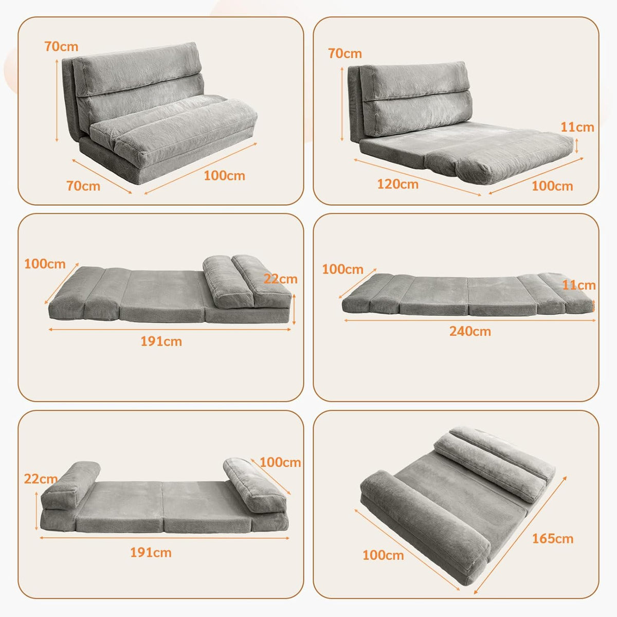 MAXYOYO Zitzakbed, inklapbare slaapbank, vloermatras voor volwassenen, extra dikke 6-voudige opvouwbare vloerbank, vloerbank voor slaapkamer en woonkamer, grijs, 100 x 240 cm