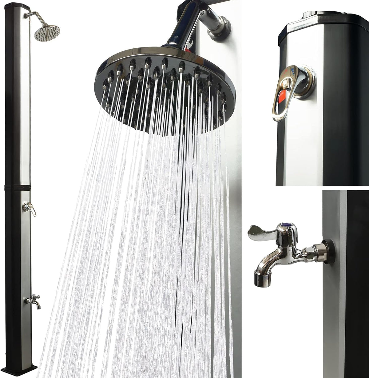 VIESTA® Zonnedouche 35 Liter met Voetdouche – Draaibare Regendouchekop – Solar Tuin-/Buiten-/Zwembaddouche zonder Stroomaansluiting – Tuinslang Aansluiting, tot 60°C – Zwart/Zilver
