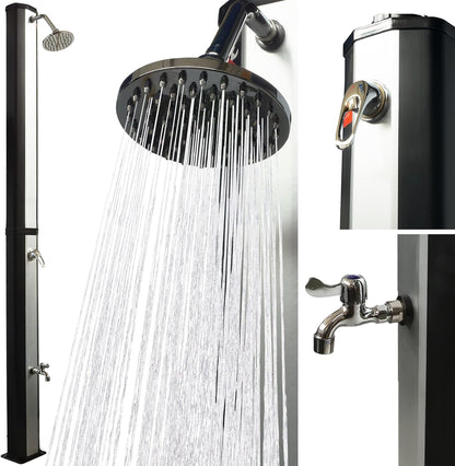 UMBRELLA® Zonnedouche 35 Liter met Voetdouche – Draaibare Regendouchekop – Solar Tuin-/Buiten-/Zwembaddouche zonder Stroomaansluiting – Tuinslang Aansluiting, tot 60°C – Zwart/Zilver