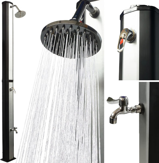 UMBRELLA® Zonnedouche 35 Liter met Voetdouche – Draaibare Regendouchekop – Solar Tuin-/Buiten-/Zwembaddouche zonder Stroomaansluiting – Tuinslang Aansluiting, tot 60°C – Zwart/Zilver