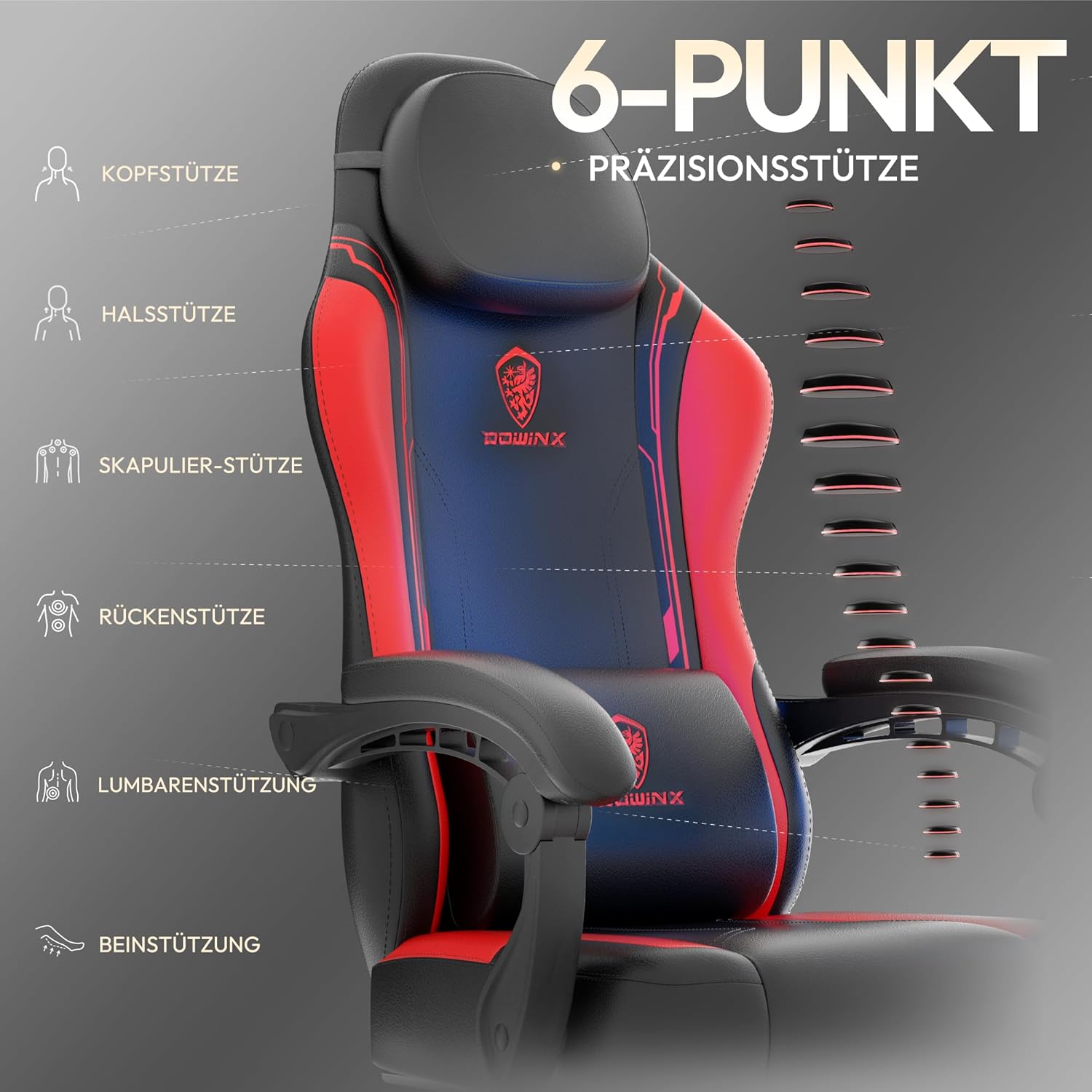 Dowinx Gaming Chair, Ergonomic PU Leather Gamer Chair with Lumbar Support, PC Chair with Widened Backrest, Maximum Load 150 kg, Red - QUORE