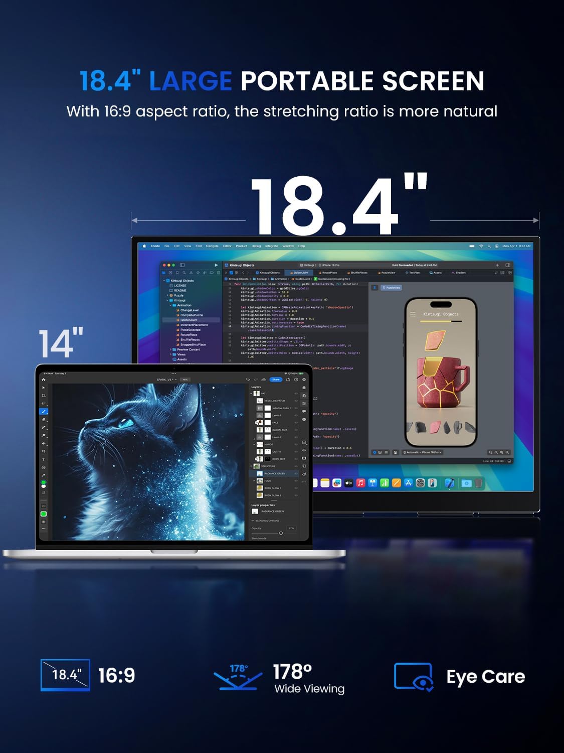 Draagbare Monitor QLED 4K 18.4 Inch EVICIV Mobiel Display met UHD 3840 * 2160 1500:1 IPS Scherm USB C Mini HDMI voor Laptop PC Xbo, VESA-monteerbaar