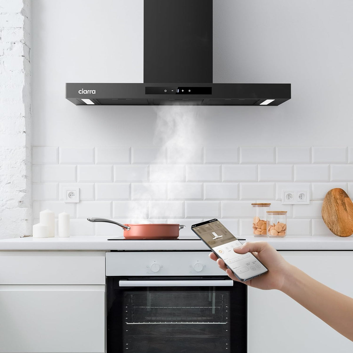 CIARRA CBCB9102-P A+++ Afzuigkap 90cm Recirculatielucht Afzuigkap 650m³/h Wi-Fi App Touch-bediening 4 niveaus Incl. booster Zwart
