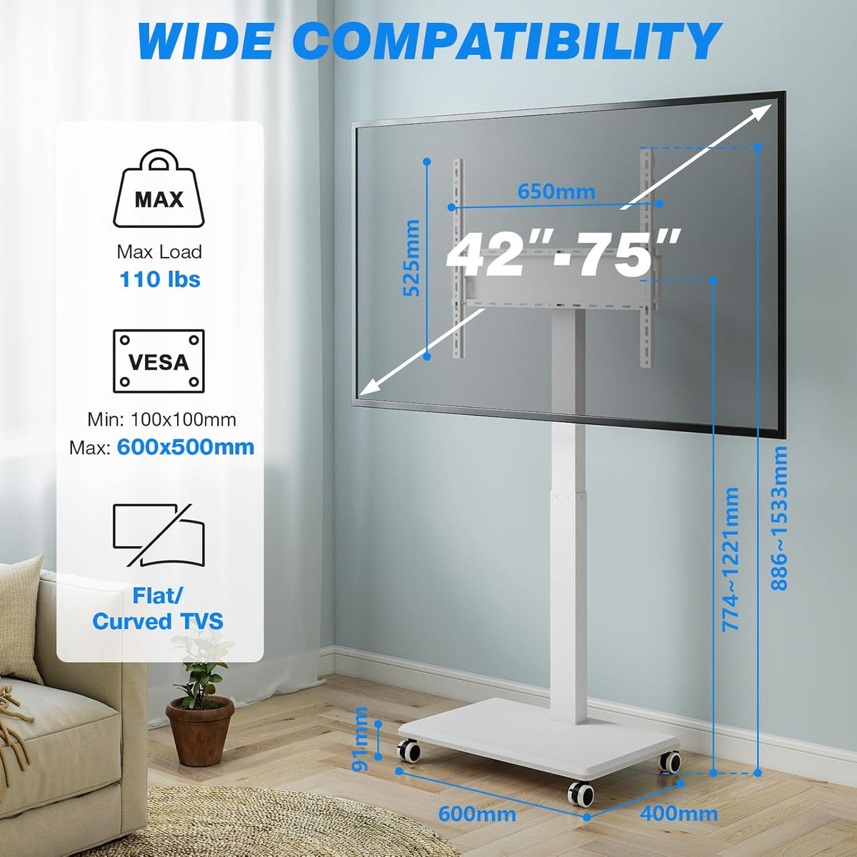Draagbare tv met standaard met wieltjes voor 42-75 inch, hoogteverstelling met zwengel, tv-beugel voor de vloer, maximale belasting 50 kg, VESA max. 600 × 500 mm