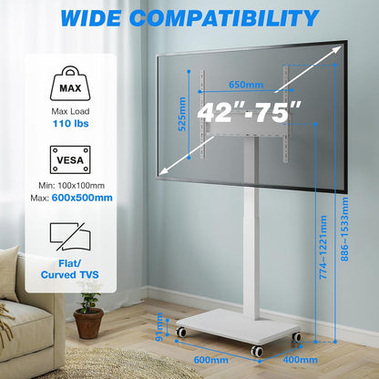 Draagbare tv met standaard met wieltjes voor 42-75 inch, hoogteverstelling met zwengel, tv-beugel voor de vloer, maximale belasting 50 kg, VESA max. 600 × 500 mm