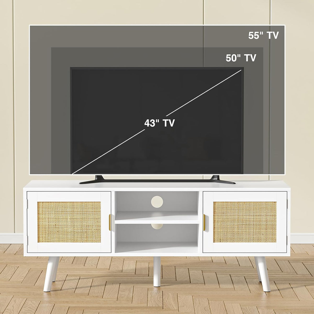 TV-meubel voor tv's tot 55 inch, rotan tv-console met 2 deuren en 2 open planken, Boho Media TV-kasten voor woonkamer, boerderij tv-units voor slaapkamer, wit