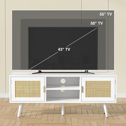 TV-meubel voor tv's tot 55 inch, rotan tv-console met 2 deuren en 2 open planken, Boho Media TV-kasten voor woonkamer, boerderij tv-units voor slaapkamer, wit