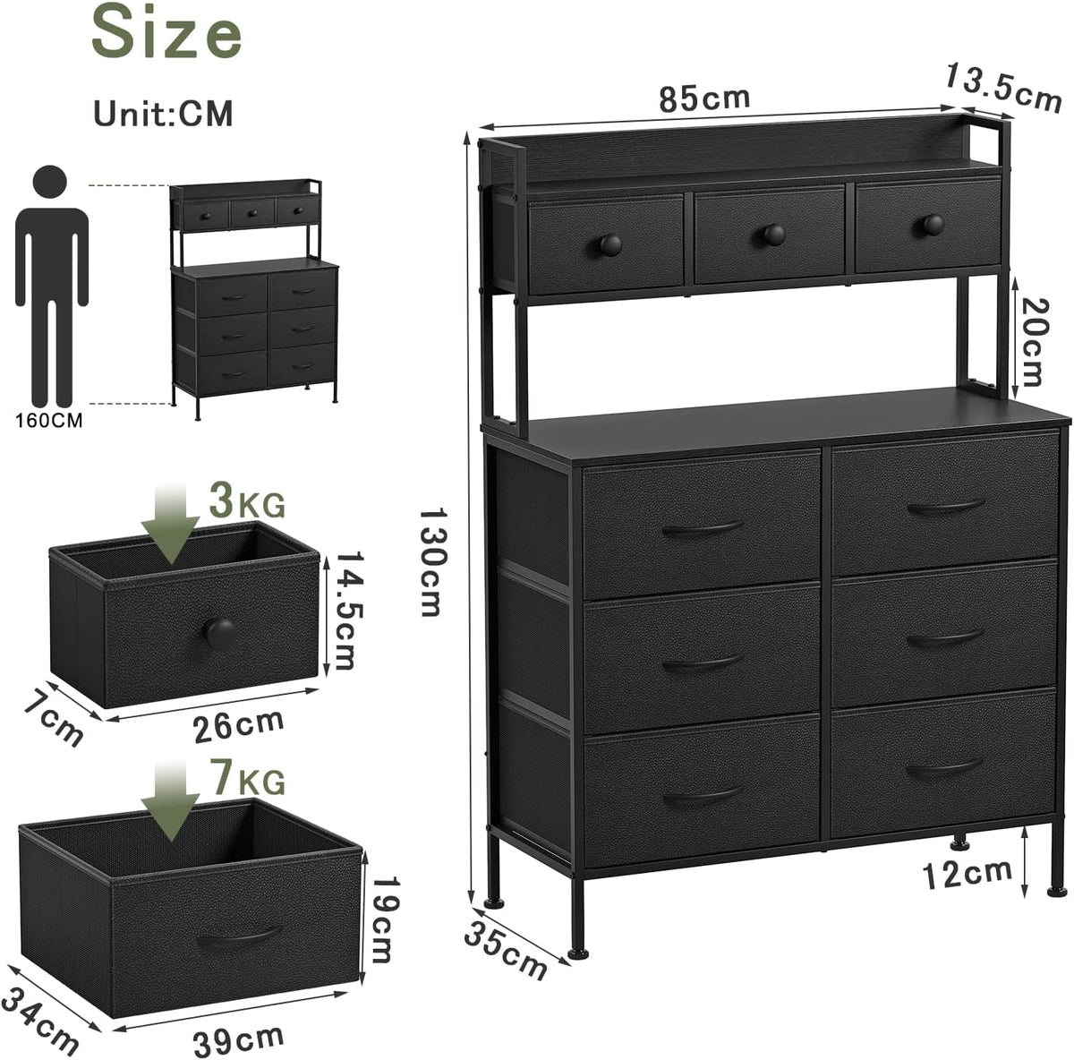 Commode, Opbergkast, Commode met Laden, Ladekast met Handvatten, Commode Kast met Houten Blad en 9 Lades, Kleerkast voor Slaapkamer, Zwart
