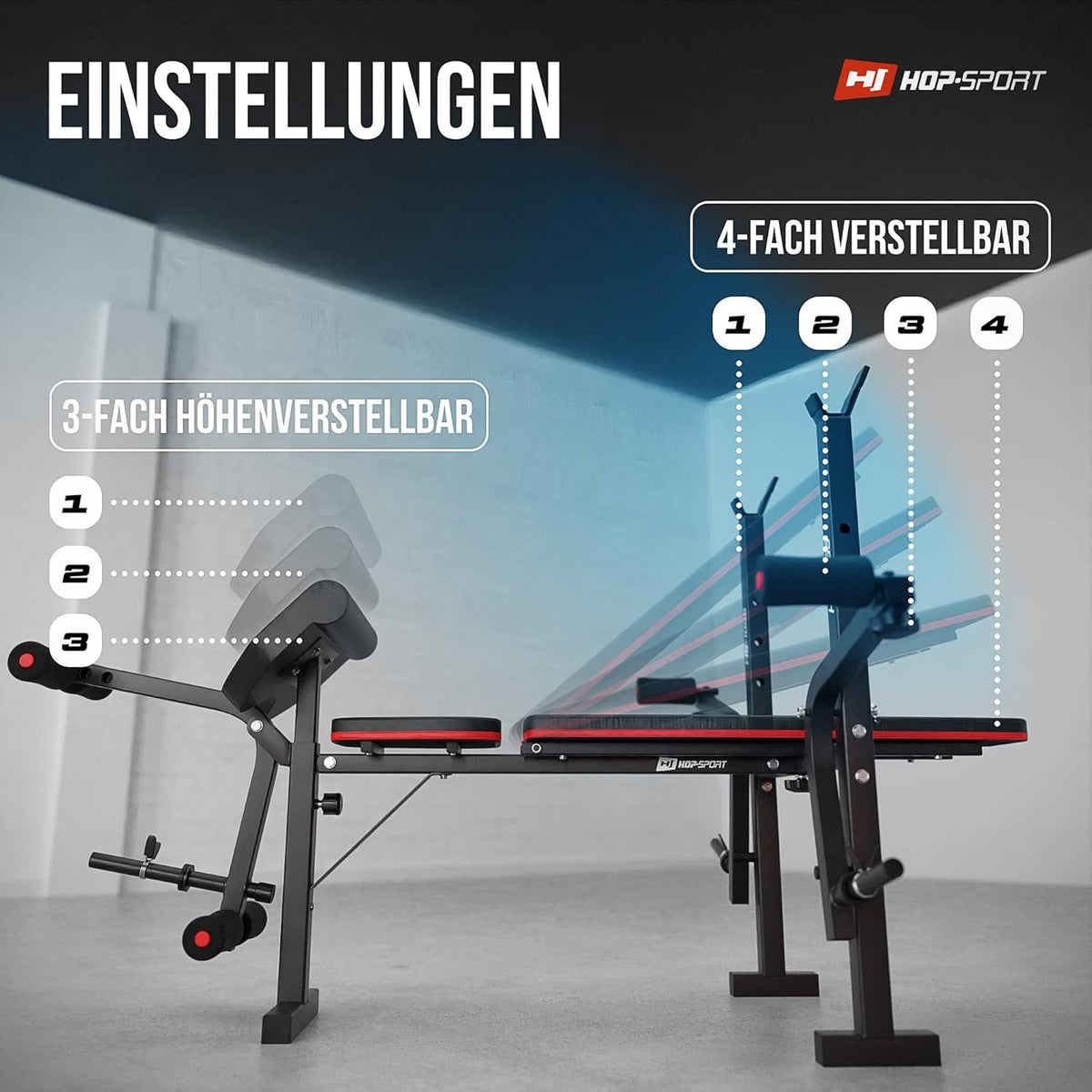 Hop-Sport Adjustable Fitness Bench HS-1055 with Curlpult, Butterfly and Leg Curler incl. 38 kg - 130 kg Dumbbell Set of Choice Long and Curl Bar - QUORE
