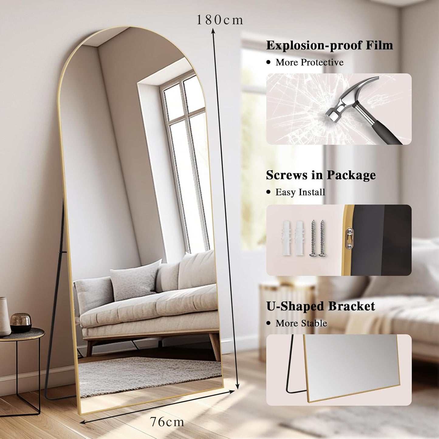 Grote staande spiegel over heel de lengte, vrijstaande vloerspiegel voor de slaapkamer, woonkamer en entree, ideaal voor elke ruimte, boog, goudkleurige rand, 192 x 85 cm