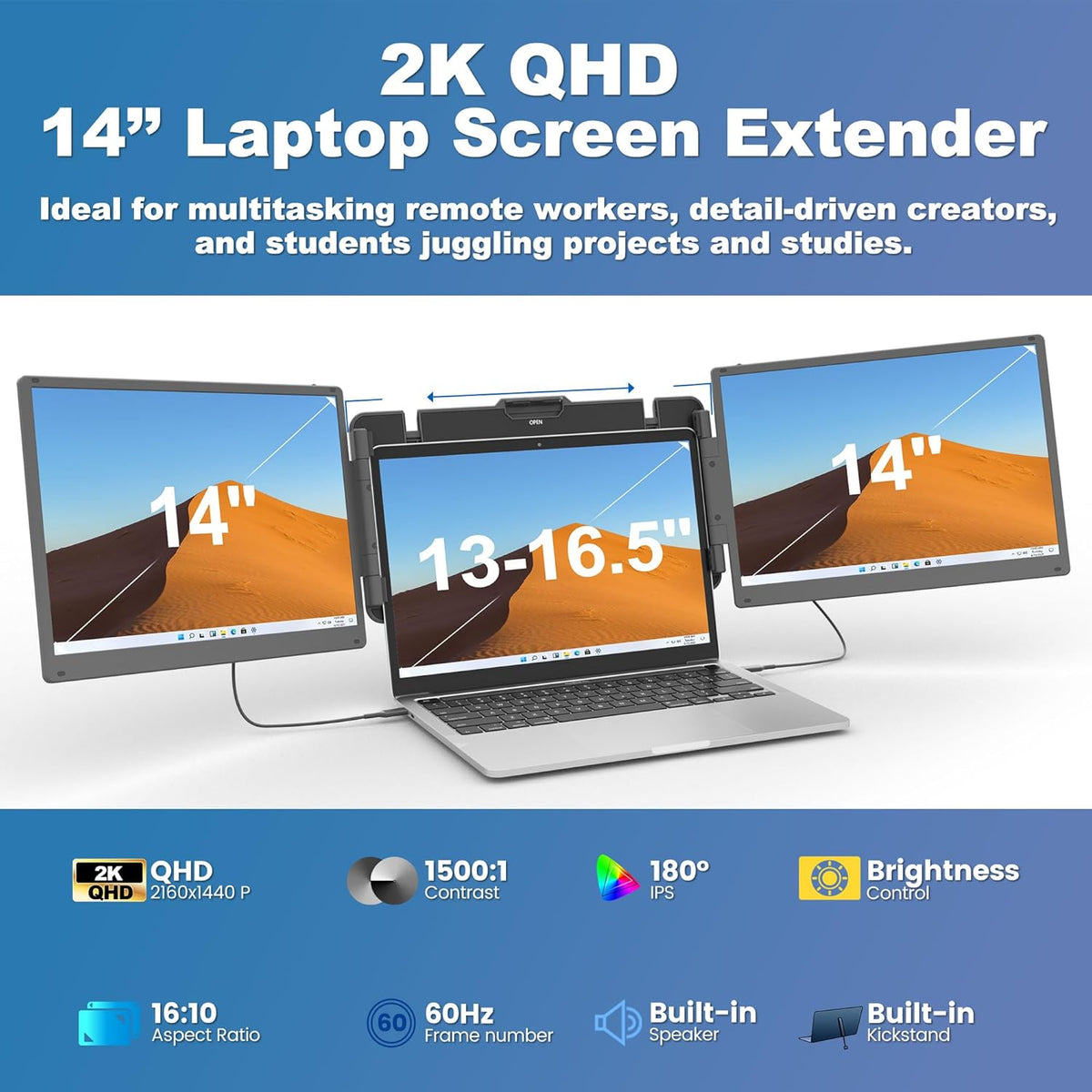 KEFEYA 2K Triple Laptop Schermuitbreiding, 14 inch laptopmonitor, uitbreiding met 1500:1 contrast, plug & play beeldschermmonitor voor laptops van 13-16,5 inch, voor Mac, Wins, Android, Dex