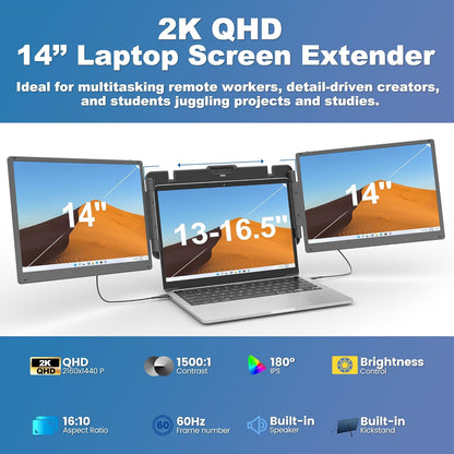 KEFEYA 2K Triple Laptop Schermuitbreiding, 14 inch laptopmonitor, uitbreiding met 1500:1 contrast, plug & play beeldschermmonitor voor laptops van 13-16,5 inch, voor Mac, Wins, Android, Dex