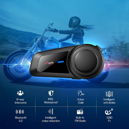 MAXTO Motorfiets Bluetooth Headset, M2 Groep Motorhelm Communicatiesystemen 6-weg BT5.0 Waterdichte Intercom 1000M Bereik met FM-radio, Siri, Spraakwijzerplaat voor Ski/ATV/Volledig/Half Gezicht (2