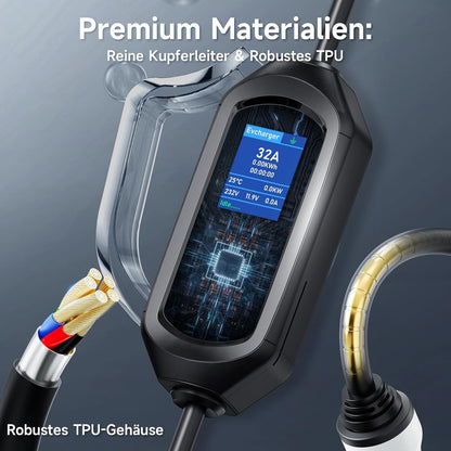 Type 2 oplaadkabel 7 kW mobiele Wallbox, 5 m 6-32 A 1-fasig oplaadkabel type 2 CEE-stekker, draagbare EV oplader met instelbaar laadvermogen en timerfunctie, voor EV PHEV IEC 62196-2