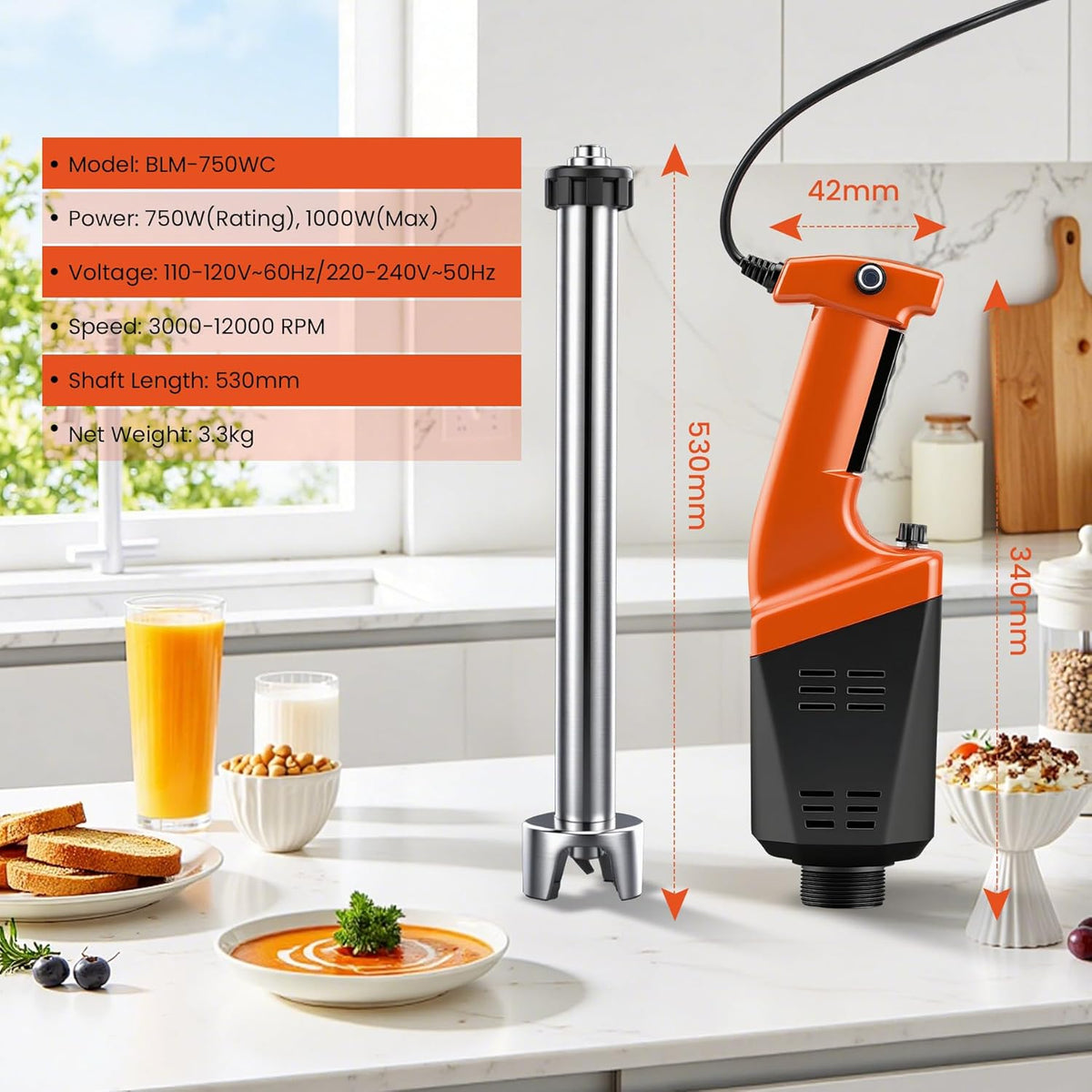 Huanyu Commerciële Staafmixer 750 W krachtige staafmixer met 530 mm schacht handmixer met borstelloze motor 3000-12000 rpm variabel toerental