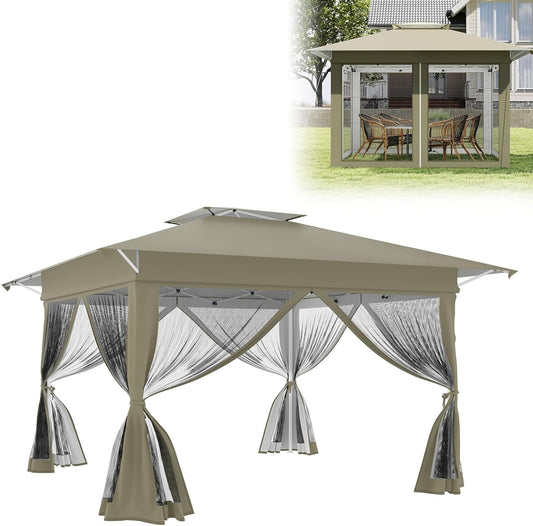 Inklapbare Partytent – Vouwtent – Tuindak – Stretch Tent – Beschutting – 4x4 Meter – Water- en UV-bestendig – Muggengaas Zijwanden – Hoogte Verstelbaar – Inclusief Draagtas met Wieltjes – Khaki