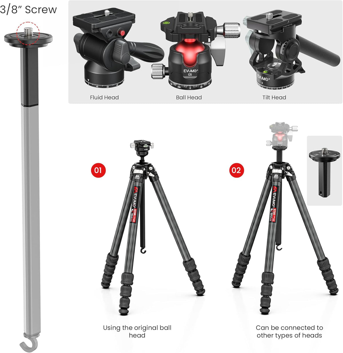 Statief camera koolstofvezel – Camerastatief – Fotostatief – Videostatief – Tripod – 360° panoramische kogelkop met Arca Swiss – Afneembare middenkolom, belastbaar tot 18 kg