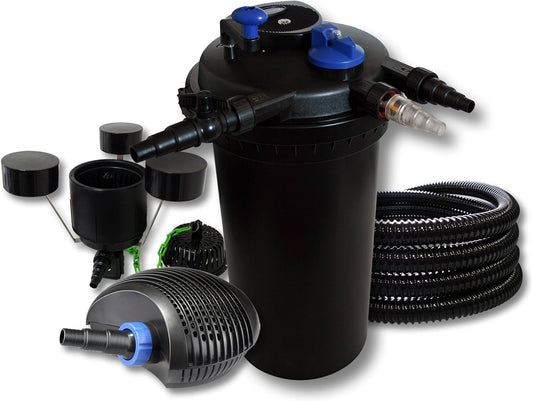 SunSun vijverfilterset voor 30.000 l met UVC 18 W, ECO-pomp 40 W, slang 25 m en skimmer CSP-250