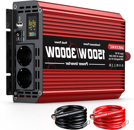 1500W Omvormer – Stroomomzetter – Spanning Converter – 12V Naar 230V Inverter – Voedingsadapter – Dubbele 230V Stopcontacten – USB Poort – LCD Display – Compact & Koelsysteem
