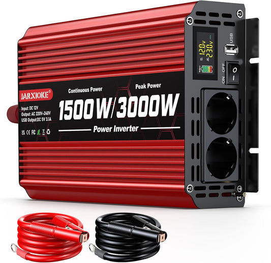 1500 W omvormer DC 12 V naar AC 230 V spanningsomvormer 2 AC stopcontact & USB-poort stroomomvormer met LCD-display, Power Inverter voor auto, auto, caravan, vrachtwagen