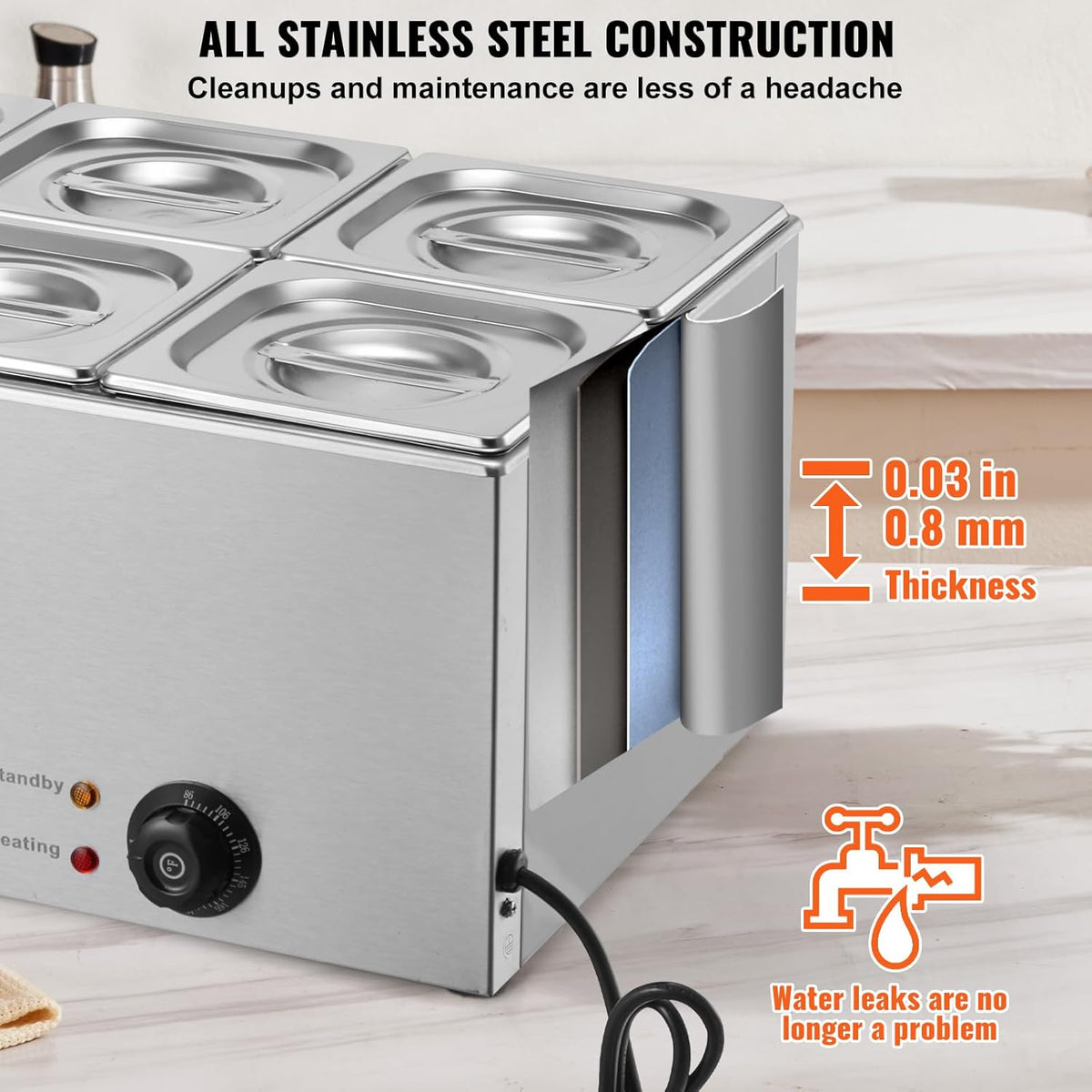 VEVOR Commerciële voedselverwarmer, 14,5 liter, 1 x 1/3 + 4 x 1/6 grootte, elektrische warmhoudplaat, 1200 W, werkblad van roestvrij staal, buffet-Bain-Marie, temperatuurregeling van 30-85 °C