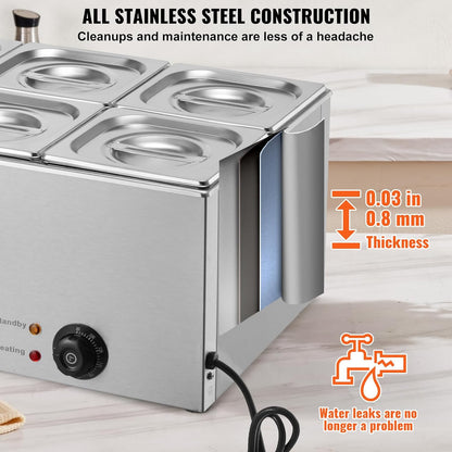 VEVOR Commerciële voedselverwarmer, 14,5 liter, 1 x 1/3 + 4 x 1/6 grootte, elektrische warmhoudplaat, 1200 W, werkblad van roestvrij staal, buffet-Bain-Marie, temperatuurregeling van 30-85 °C