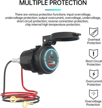 usb lader motorfiets – motor usb aansluiting – motorfiets oplader – usb charger motor – usb poort motorfiets – Waterdicht IP67 – Snelle QC3.0 & PD 30W Oplader met Blauwe Led