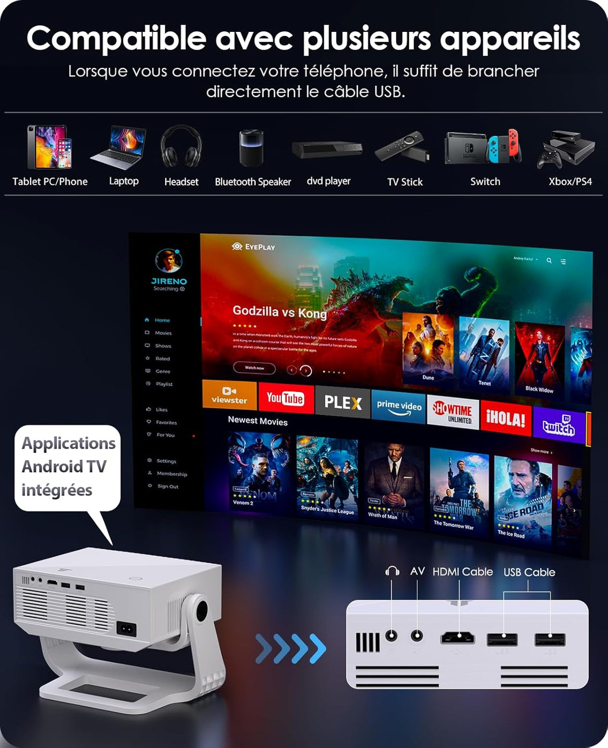 Intelligente videoprojector Wielio Android 11, FHD 1080p compatibel met 4K, WiFi6 & BT5.2, 28.000 lumen, ondersteuning 120 graden verstelbaar, elektronische focus, trapeziumcorrectie voor iOS/Android
