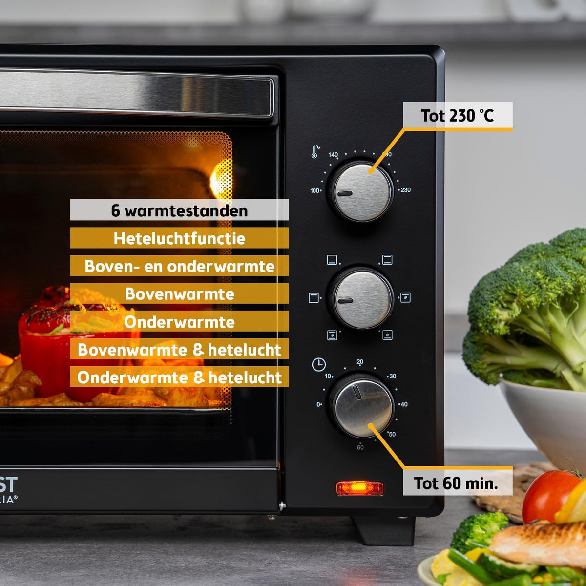 TZS First Austria - Minibakoven 35L 1600W - Mini Bakoven Pizzaoven traploze temperatuurregeling tot 230°C & antiaanbaklaag - Minioven 60 min. timer, 3 inschuifhoogtes, bakplaat & grillrooster