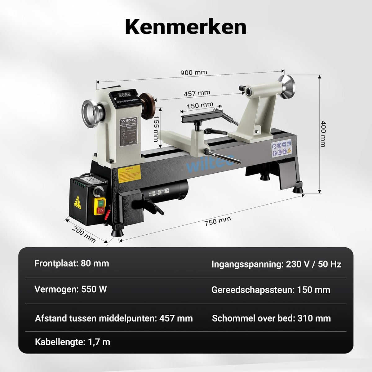 Wiltec houtdraaibank 550 W voor houtbewerking draaibank voor hout werkbank gereedschap variabele snelheid 650-3800 rpm 3 standen draaimachine houtmachine houtwerkbank