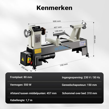 Wiltec houtdraaibank 550 W voor houtbewerking draaibank voor hout werkbank gereedschap variabele snelheid 650-3800 rpm 3 standen draaimachine houtmachine houtwerkbank