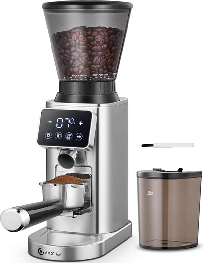 AMZCHEF Elektrische koffiemolen met afneembare houder en gemalen koffiecontainer | LED Touch Panel | 24 nauwkeurige maalinstellingen Elektrische Molen voor espresso/druppelaar/overgieten/French Press