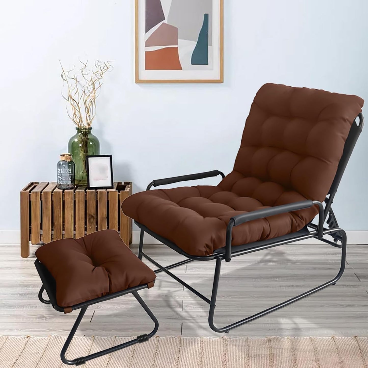 Loungestoel – Tuinstoel – Balkonstoel – Relaxstoel – Ligstoel – Verstelbare Rugleuning in 5 Standen – Inclusief Kruk en Afneembaar Kussen – Bruin