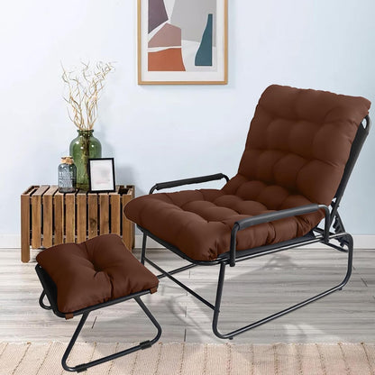 Loungestoel – Tuinstoel – Balkonstoel – Relaxstoel – Ligstoel – Verstelbare Rugleuning in 5 Standen – Inclusief Kruk en Afneembaar Kussen – Bruin