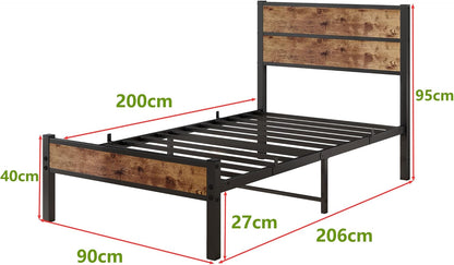 Eenpersoonsbed 90 x 200 cm met houten hoofdeinde, bedframe met lattenbodem van metaal, eenpersoonsbed, metalen bed, eenpersoonsbed, 90 x 200 cm met opbergruimte, robuust en stabiel, bruin